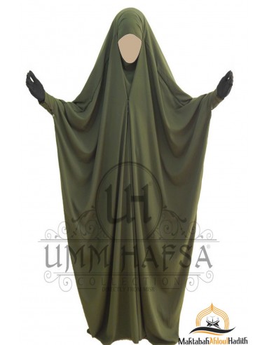 Jilbab saudita de encaixe Umm Hafsa - Verde caqui-JILBAB 1 PEÇA-Maktaba-Ahloulhadith