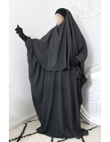 Conjunto Abaya + Khimar Lycra Umm Hafsa - GRIS-Abaya Umm Hafsa-Maktaba-Ahloulhadith