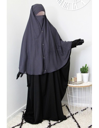 Niqab 2 pezzi a clip Umm Hafsa 1m50 - Grigio-Niqab 2 veli-Maktaba-Ahloulhadith