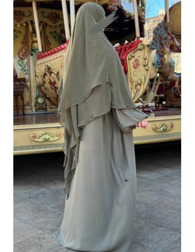 Khimar 2 voiles mousseline Umm Hafsa - Kaki olive-Khimar 2 voiles mousseline-Maktaba-Ahloulhadith