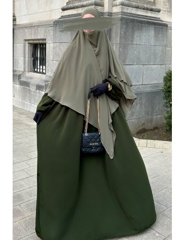 Khimar 2 voiles mousseline Umm Hafsa - Kaki olive-Khimar 2 voiles mousseline-Maktaba-Ahloulhadith