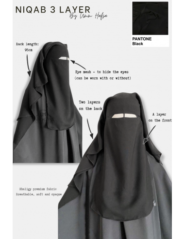 NIQAB/SITAR 3 WAVES UMM HAFSA 95CM - Preto-Niqab Umm Hafsa-Maktaba-Ahloulhadith