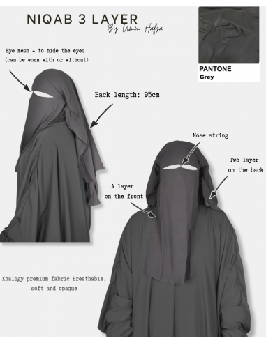 Niqab/Sitar 3 Schleier Umm Hafsa 95cm - Grau-Niqab Umm Hafsa-Maktaba-Ahloulhadith