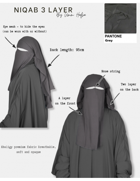 Niqab/Sitar 3 Schleier Umm Hafsa 95cm - Grau