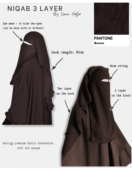 Niqab/Sitar 3 sluiers Umm Hafsa 95cm - Bruin