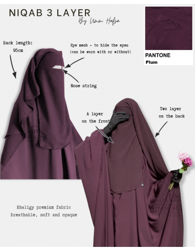 Niqab/Sitar 3 véus Umm Hafsa 95cm - Ameixa-Niqab Umm Hafsa-Maktaba-Ahloulhadith