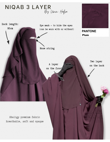 Niqab/Sitar 3 slöjor Umm Hafsa 95cm - Plommon