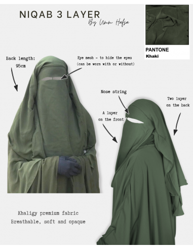Niqab/Sitar 3 voiles Umm Hafsa 95cm - Kaki-Niqab Umm Hafsa-Maktaba-Ahloulhadith