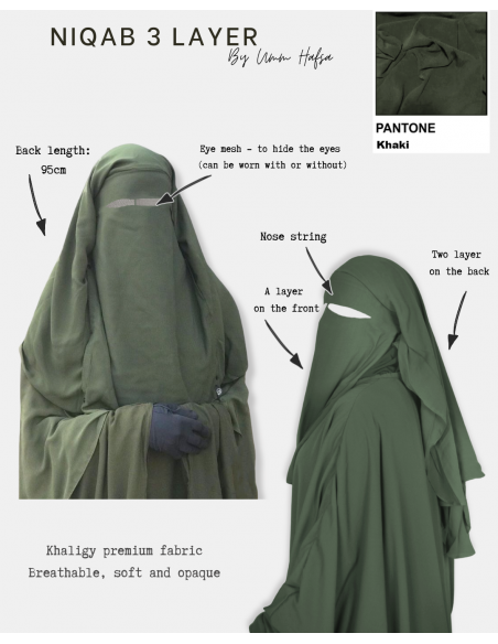Niqab/Sitar 3 voiles Umm Hafsa 95cm - Kaki